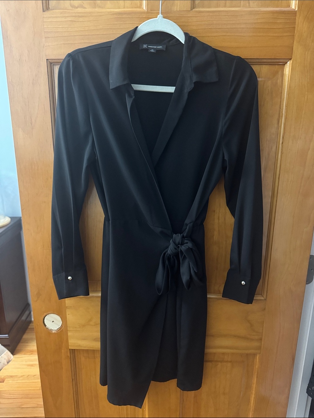 INC International Concepts Black Long-Sleeve Wrap Dress with Tie